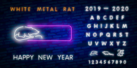 Two thousand twenty neon sign with joyful neon rat 2020 on brick wall background. Vector illustration in neon style for Christmas banners, New Year posters, party invitation