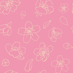 Seamless vector background. The flowers and petals of the cherries are scattered randomly.