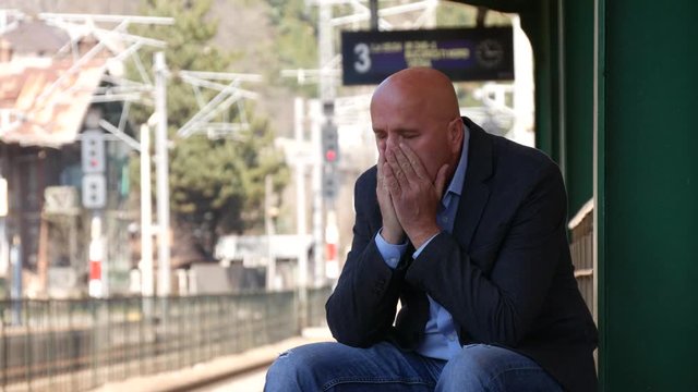 Depressed Man Stay Sad Looking Concerned Wait Train Troubled and Disappointed