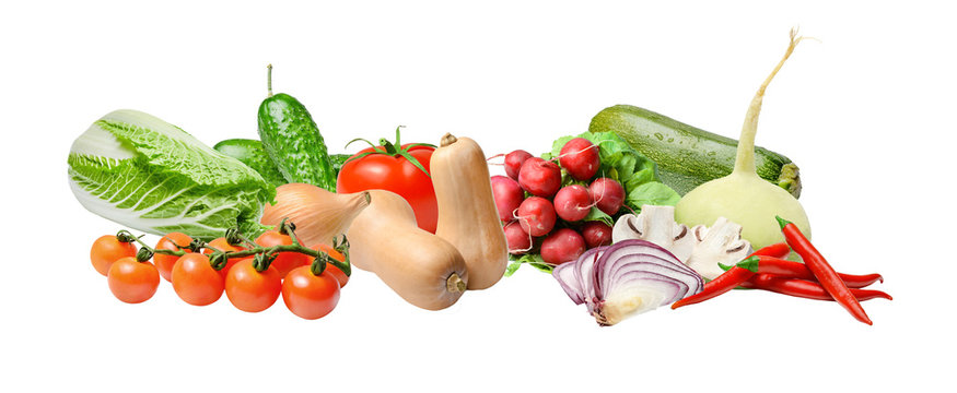 Composition with a large variety of different vegetables on a white isolated background. Design element for print or web.