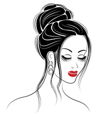 Silhouette of a profile of a sweet lady's head. The girl shows a female hairstyle on medium and long hair. Suitable for logo, advertising. Vector illustration.