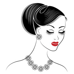 Silhouette of a profile of a sweet lady's head. The girl shows a female hairstyle on medium and long hair. Suitable for logo, advertising. Vector illustration.