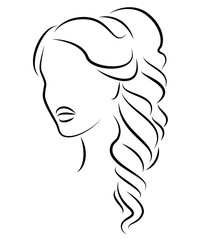 Silhouette of a profile of a sweet lady's head. The girl shows a female hairstyle on medium and long hair. Suitable for logo, advertising. Vector illustration.