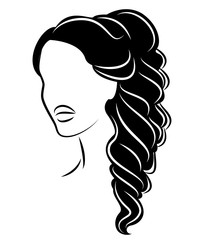 Silhouette of a profile of a sweet lady's head. The girl shows a female hairstyle on medium and long hair. Suitable for logo, advertising. Vector illustration.