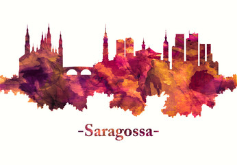 Saragossa Spain skyline in red - obrazy, fototapety, plakaty