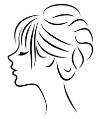 Silhouette of a profile of a sweet lady's head. The girl shows a female hairstyle on medium and long hair. Suitable for logo, advertising. Vector illustration.