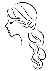 Silhouette of a profile of a sweet lady's head. The girl shows a female hairstyle on medium and long hair. Suitable for logo, advertising. Vector illustration.