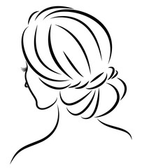 Silhouette of a profile of a sweet lady's head. The girl shows a female hairstyle on medium and long hair. Suitable for logo, advertising. Vector illustration.