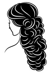 Silhouette of a profile of a sweet lady's head. The girl shows a female hairstyle on medium and long hair. Suitable for logo, advertising. Vector illustration.