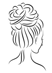 Silhouette of a profile of a sweet lady's head. The girl shows a female hairstyle on medium and long hair. Suitable for logo, advertising. Vector illustration.