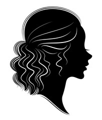 Silhouette of a profile of a sweet lady's head. The girl shows a female hairstyle on medium and long hair. Suitable for logo, advertising. Vector illustration.