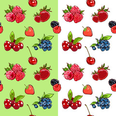 Marker Hand drawn isolated seamless pattern berries on white background banner. Sketched marker food . colorful Raspberry, strawberry, cherry illustration. for card, print, template, wallpaper
