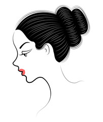 Silhouette of a profile of a sweet lady's head. The girl shows a female hairstyle on medium and long hair. Suitable for logo, advertising. Vector illustration.