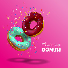 Realistic banner for cafe and confectionery. Two tasty chocolate and azure donuts, sprinkles falling from top in 3d illustration isolated on pink volume background with round shadows