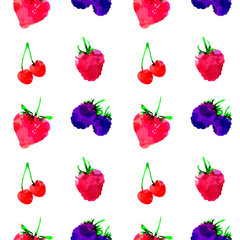 Seamless pattern with strawberry, raspberry, blackberry, cherry, berry with blots and stains on a white background. Watercolor art. Freehand creative illustration.