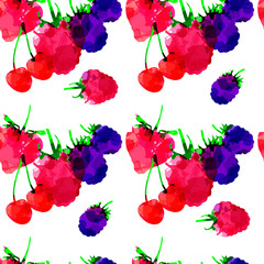 Seamless pattern with strawberry, raspberry, blackberry, cherry, berry with blots and stains on a white background. Watercolor art. Freehand creative illustration.