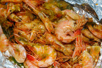 Close-up of shrimps baked in foil