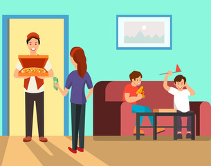 Mother Ordering Pizza for Dinner Flat Illustration