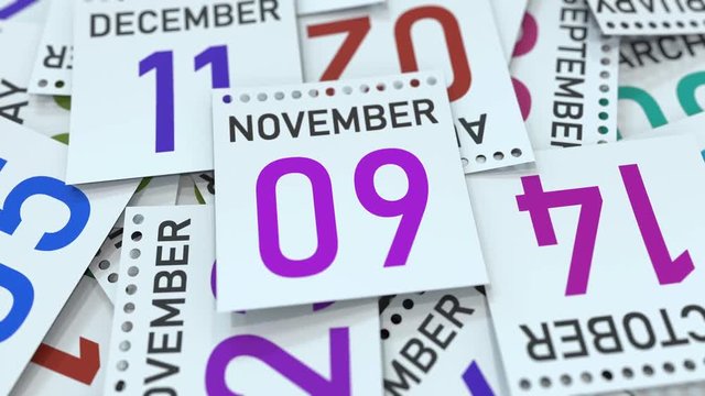Calendar page shows November 9 date. 3D animation