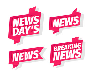 News days headline word set. Breaking news of the day. On pink ribbon. 3d letters. Advertising promotion headline title. Vector color Illustration clipart.