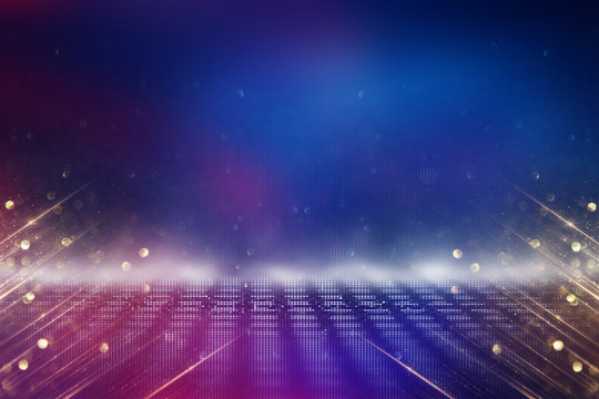 Futuristic retro background of the 80`s retro style. Digital or Cyber Surface. neon lights and geometric pattern