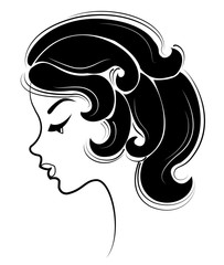 Silhouette of a head of a sweet lady. The girl shows her hairstyle on long and medium hair. The woman is beautiful and stylish. Vector illustration.