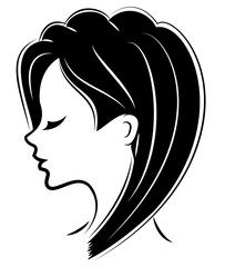 Silhouette of a head of a sweet lady. The girl shows her hairstyle on long and medium hair. The woman is beautiful and stylish. Vector illustration.