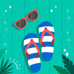 Summer background with sunglasses and flip flops,flat design