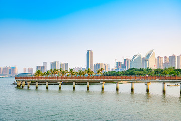 Fototapeta premium Bridges and buildings in Golden Bay, Zhanjiang city