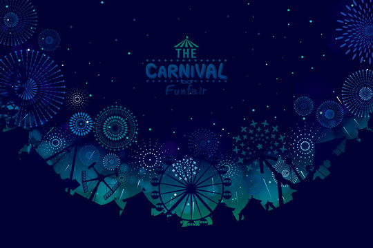 Vector illustration of the carnival funfair design with fireworks background.