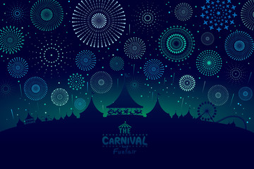 Vector illustration of the carnival funfair design with fireworks background.