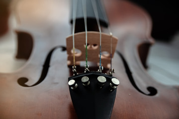 In selective focus of Fine Tuners on front side of violin,parts of the instrument,classic style,vintage and art tone,blurry light around © Watcharin
