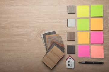 Sample of Wood matrials for interior design. Wooden samples for floor laminate or furniture in home or commercial building.