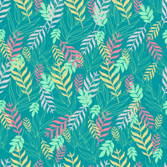  Green seamless pattern with multicolor leaves