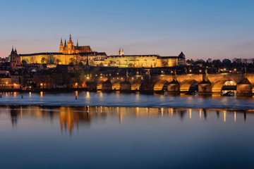 Typical and very popular panorama of Prague during twilight blue hour.