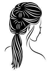 Silhouette profile of a cute lady's head. The girl shows the female hairstyle braid on medium and long hair. Suitable for advertising, logo. Vector illustration.