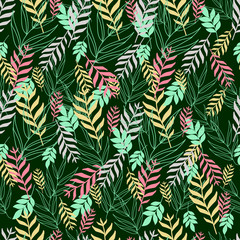Dark green seamless pattern with multicolor leaves