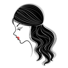Silhouette profile of a cute lady's head. The girl shows the female hairstyle braid on medium and long hair. Suitable for advertising, logo. Vector illustration.