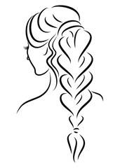 Silhouette profile of a cute lady's head. The girl shows the female hairstyle braid on medium and long hair. Suitable for advertising, logo. Vector illustration.