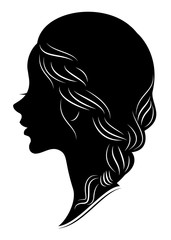 Silhouette profile of a cute lady's head. The girl shows the female hairstyle braid on medium and long hair. Suitable for advertising, logo. Vector illustration.