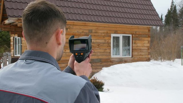 The worker carries out an inspection of the house the thermal imager. To look for losses of heat. Fight against heatlosses. Energy saving.