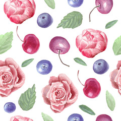 Watercolor flowers and berries seamless pattern.Hand drawn illustration on a white background.