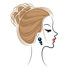 Silhouette of a profile of a sweet lady's head. The girl shows a female hairstyle on medium and long hair. Suitable for logo, advertising. Vector illustration.