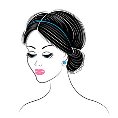 Silhouette of a head of a sweet lady. The girl shows a Greek hairstyle for long and medium hair. The woman is beautiful and stylish. Vector illustration