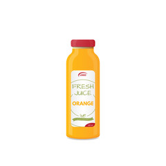 Realistic bottle of juice mockup. Product template. Label and glass bottle. Illustration of glass of natural fresh orange juice and orange fruit. Healthy lifestyle.