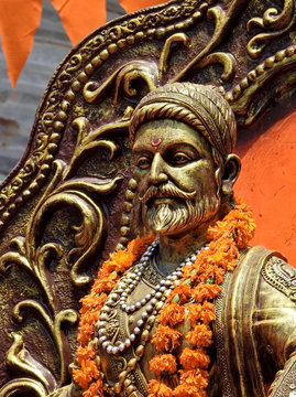  Closeup view of Hindu maharastrian or maratha King Shivaji idol in a temple