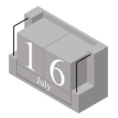 July 16th date on a single day calendar. Gray wood block calendar present date 16 and month July isolated on white background. Holiday. Season. Vector isometric illustration