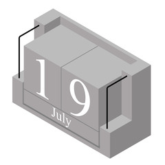 July 19th date on a single day calendar. Gray wood block calendar present date 19 and month July isolated on white background. Holiday. Season. Vector isometric illustration