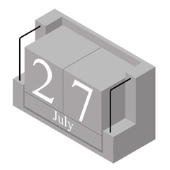 July 27th date on a single day calendar. Gray wood block calendar present date 27 and month July isolated on white background. Holiday. Season. Vector isometric illustration