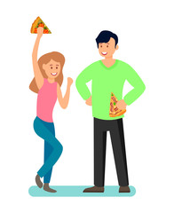 Man and Woman Enjoying Pizza Vector Illustration